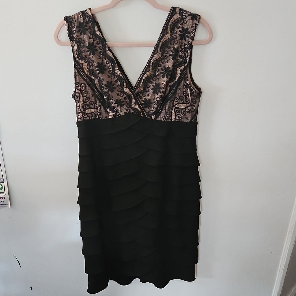 Jessica Howard Pink Black Lace & Ruffle Sheath Midi V-Neck Sleeveless Dress